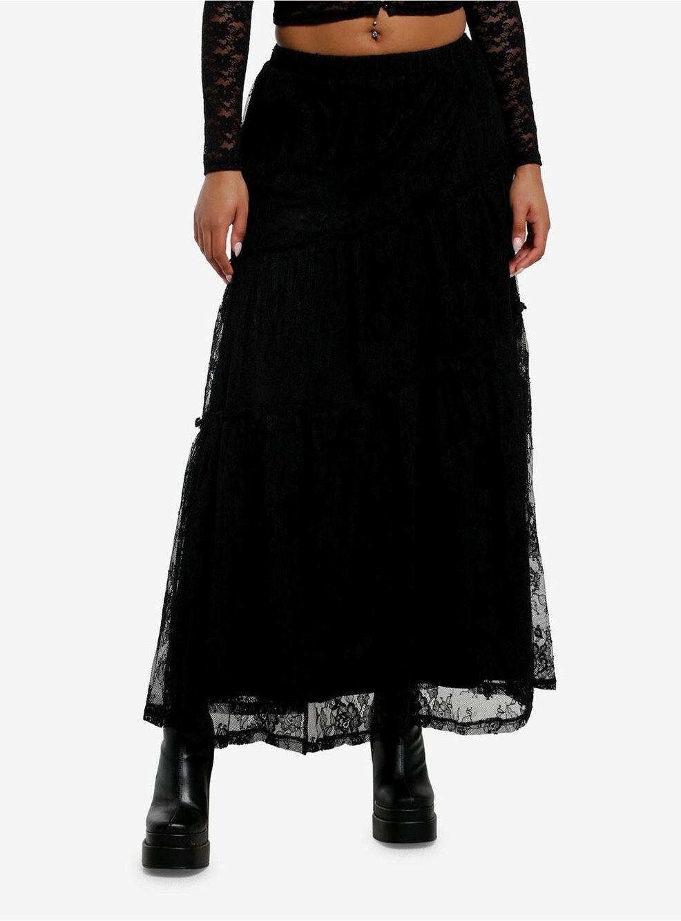COSMIC AURA HOT TOPIC Floral Lace Tiered Ruffle Maxi Skirt Black Goth Small